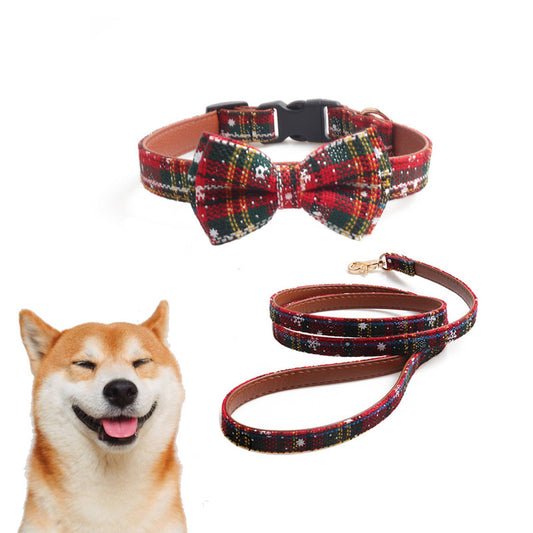 Festive Christmas Dog Collar with Bow and Lead