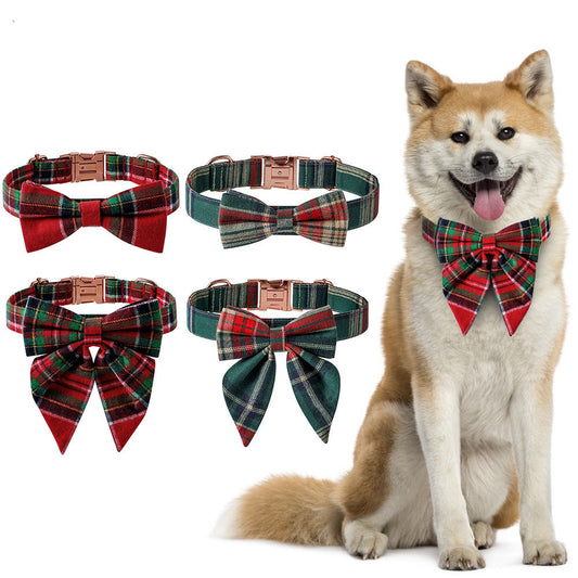 Christmas Plaid Dog Collar with Bow Rose Gold Buckle