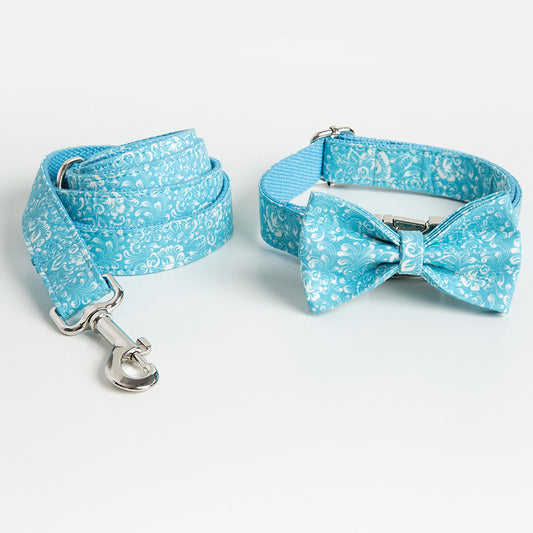 Blue Floral Dog Collar Lead Rope Bow Set